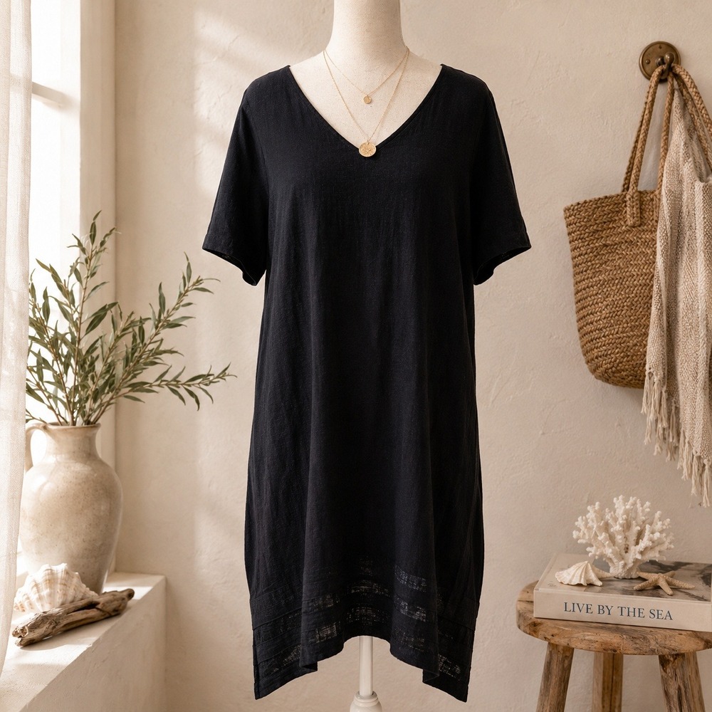 Nicole Miller Linen Blnd Black Shift Dress XL Lagenlook Minimalist Breathable